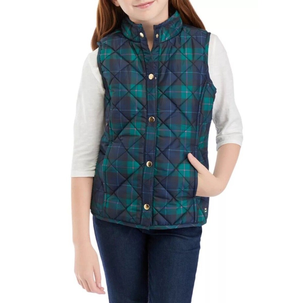 Crown & Ivy Girls Vest Medium 8-10 Puffer Tartan Plaid Navy Green Preppy Classic